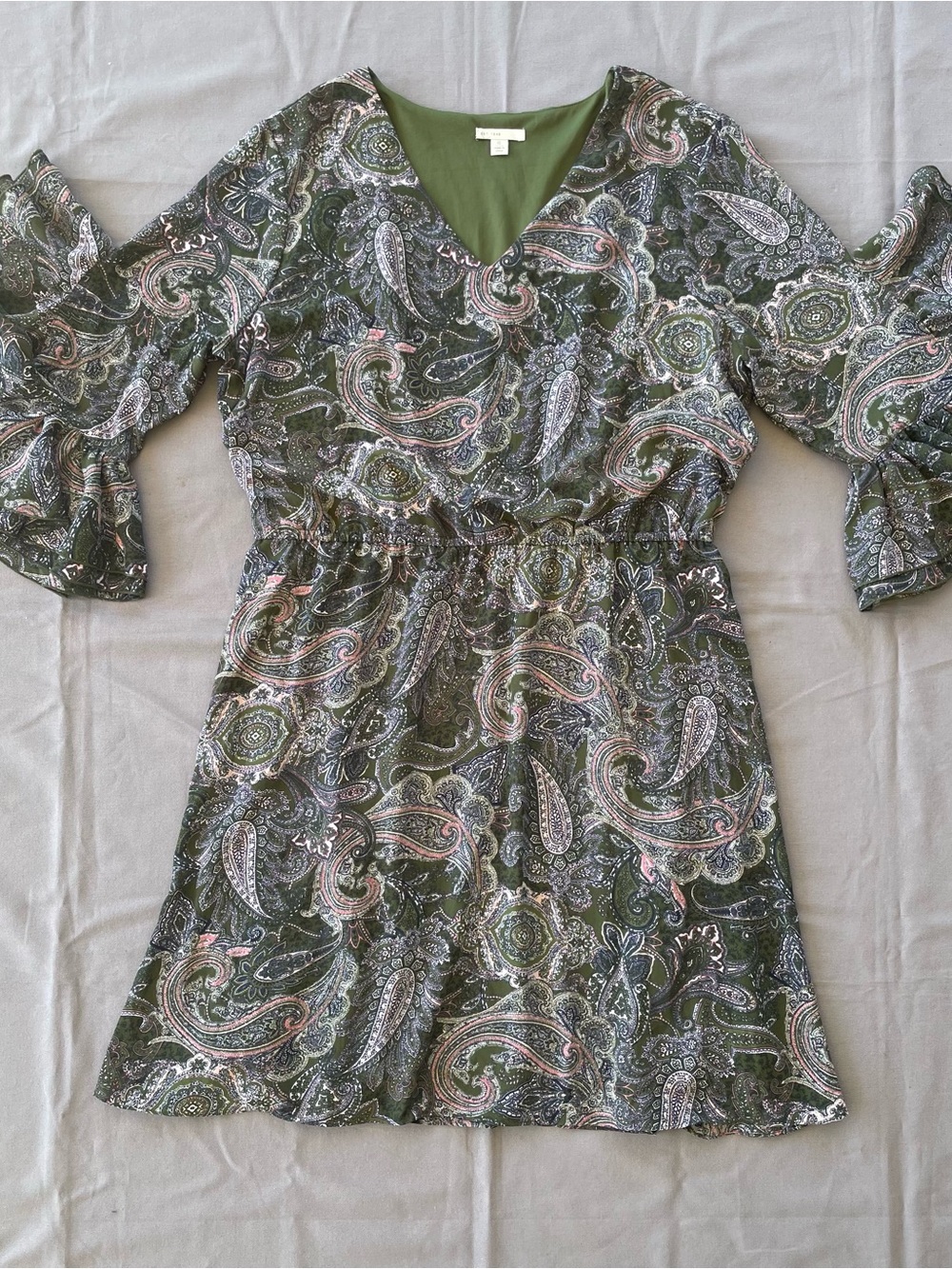 Est 1946 Womens Gypsy Dress Size XL Olive Green Paisley 3/4 Bell Sleeve Boho GUC